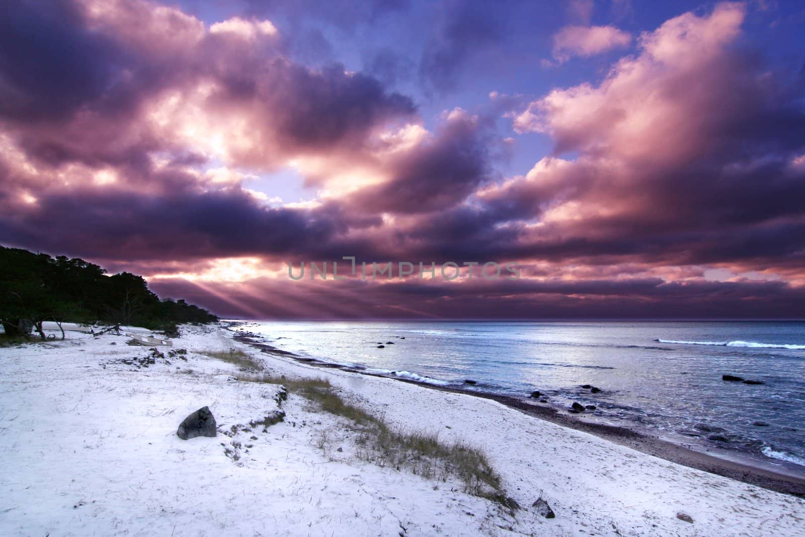 Winter time sunset with vibrant purple colors.