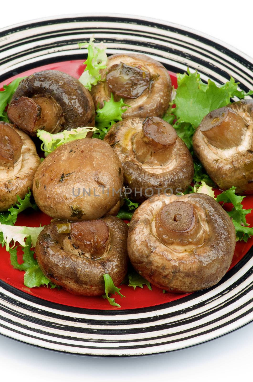 Roasted Big Mushrooms Champignon with Greens on Red Plate cross section isolated on white background