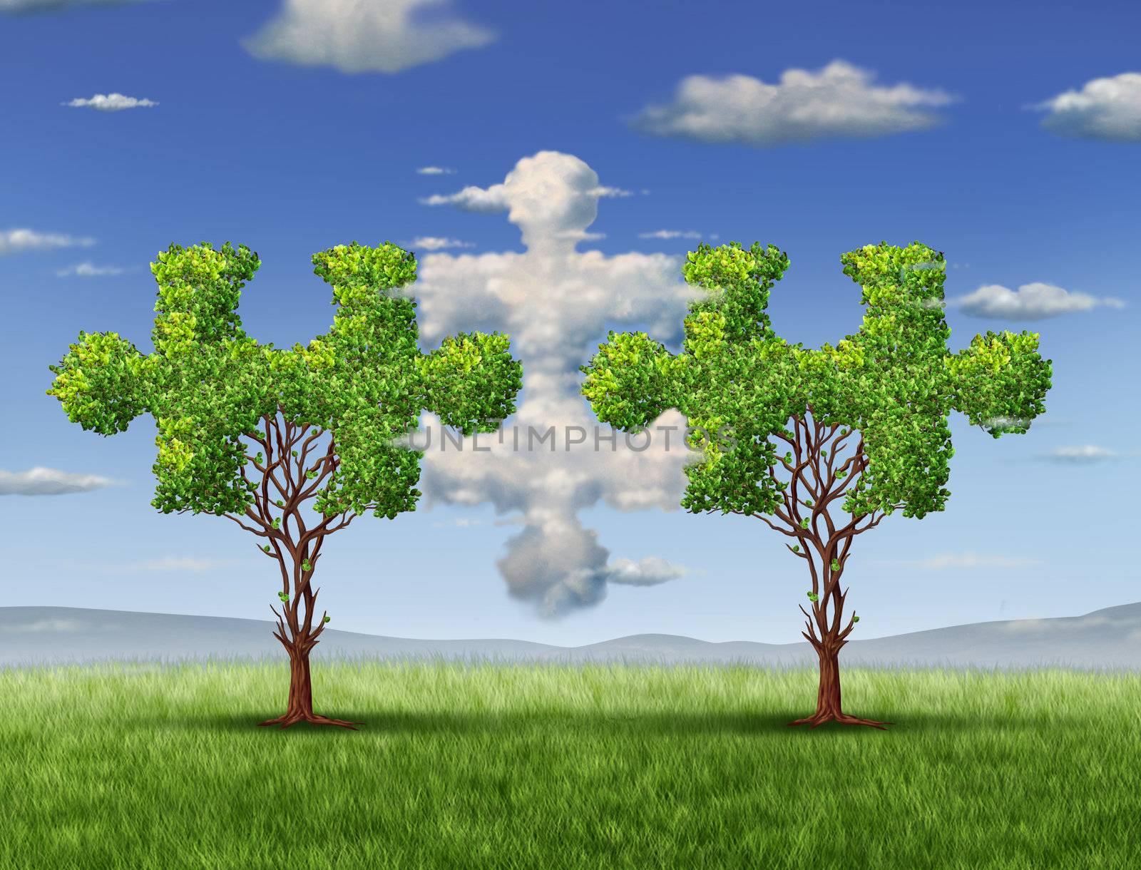 Business connections with the cloud as a network technology and business concept as clouds in the shape of a puzzle piece and a tree shaped as jigsaw game objects coming together as a group of connected  team partners for financial success.