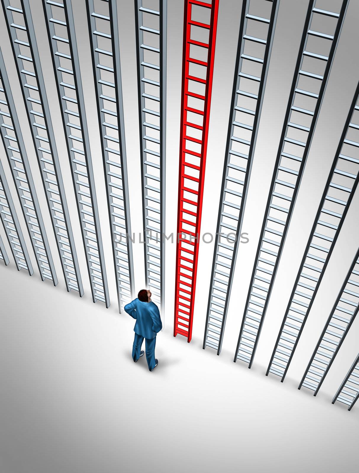 Business success choice with a career person tanding in front of a group of ladders with the red one as the best choice for financial wealth on a white background.