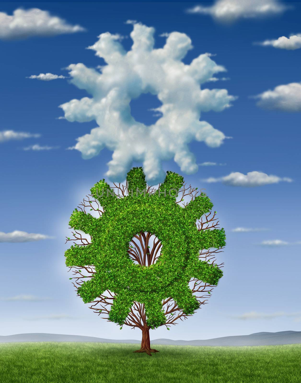Cloud industry technology and business concept with a clouds in the shape of a gear and a growing tree shaped as a cog coming together connected as a team to work as a partnership for success in information management.