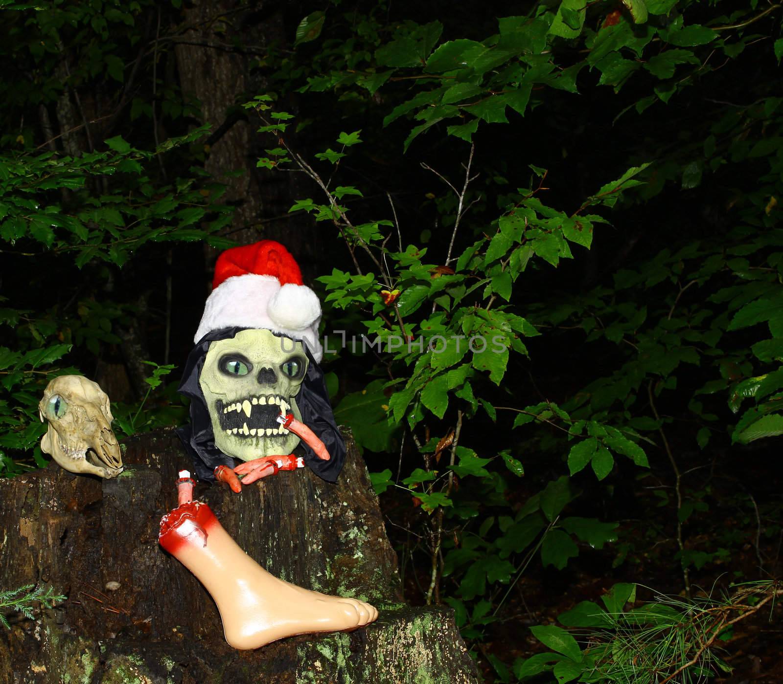 The Grim Reapers head arising from a stump in the woods along side of a Deer Skull with room for your text.
