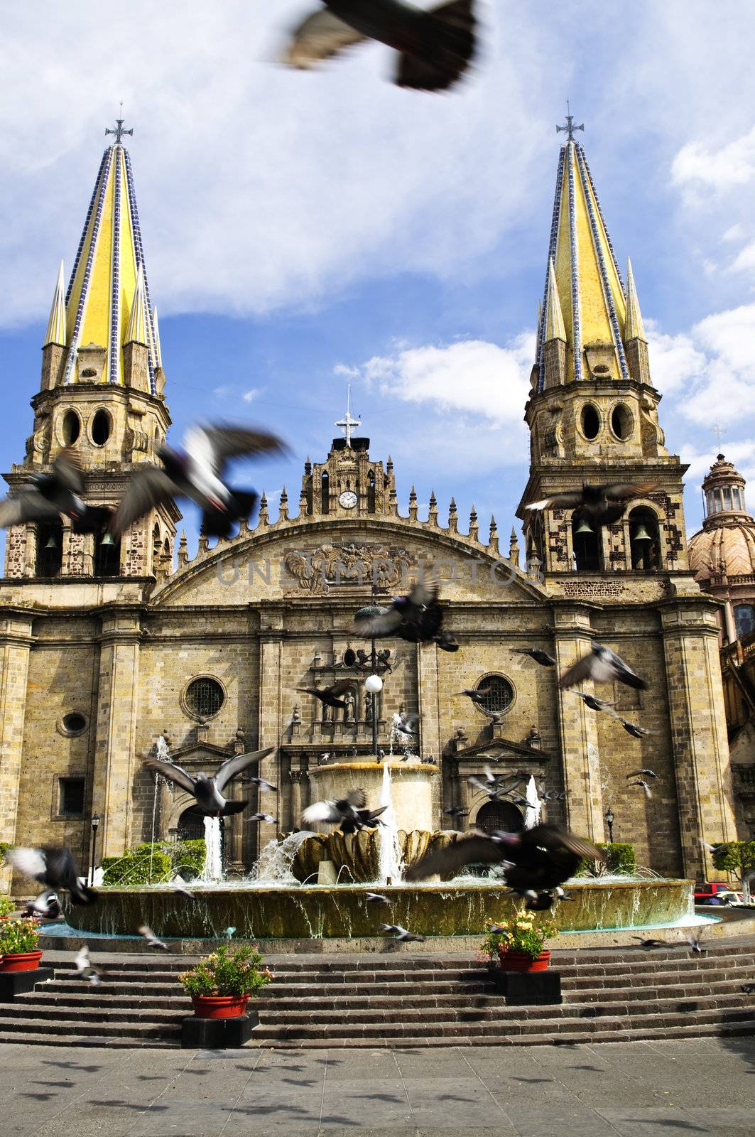 Pigeons flying in front of the Cathedral in historic center in Guadalajara, Jalisco, Mexico