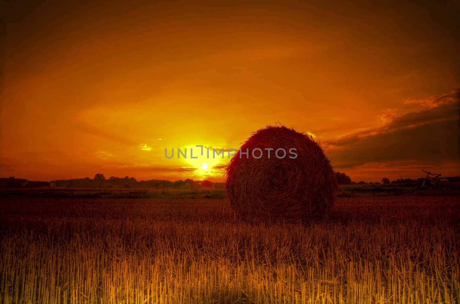 Bales of straw after harvest grain at sunset by PRSchreyner