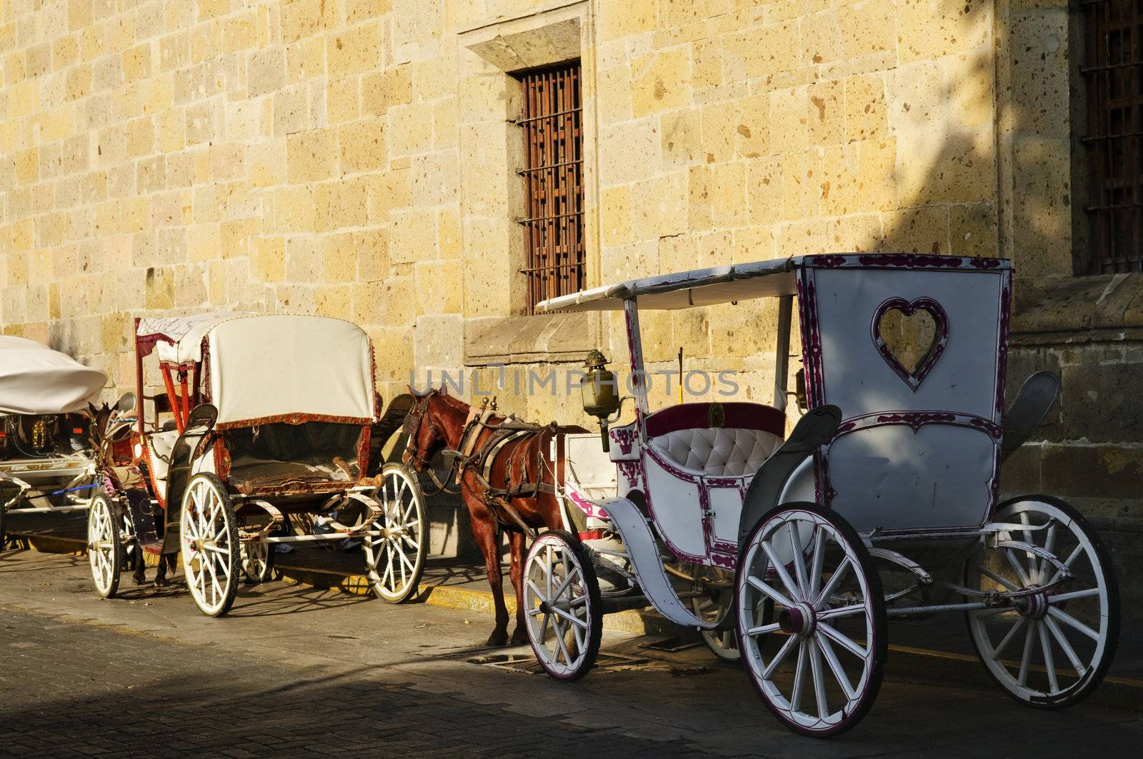 Horse drawn carriages waiting for tourists in historic Guadalajara, Jalisco, Mexico