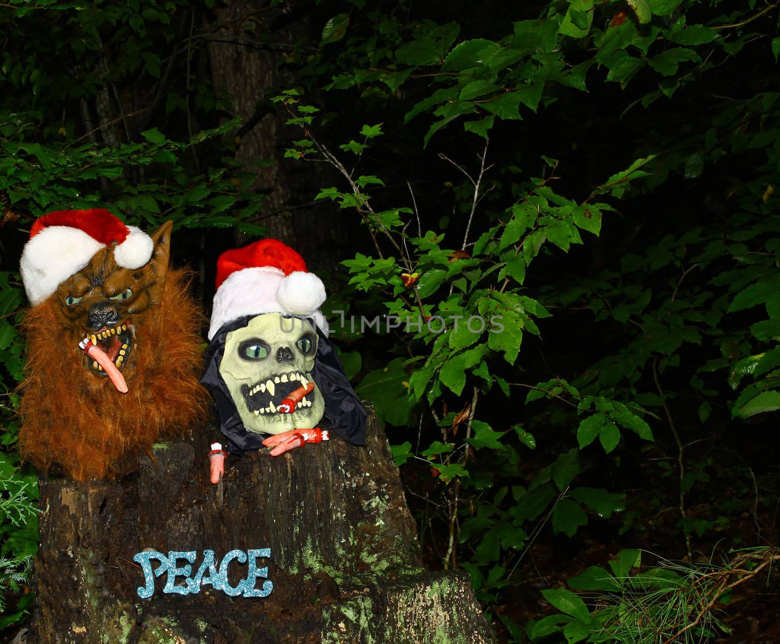 The Grim Reaper and the wolf man celebrating the Holidays together wishing everyone peace on earth.