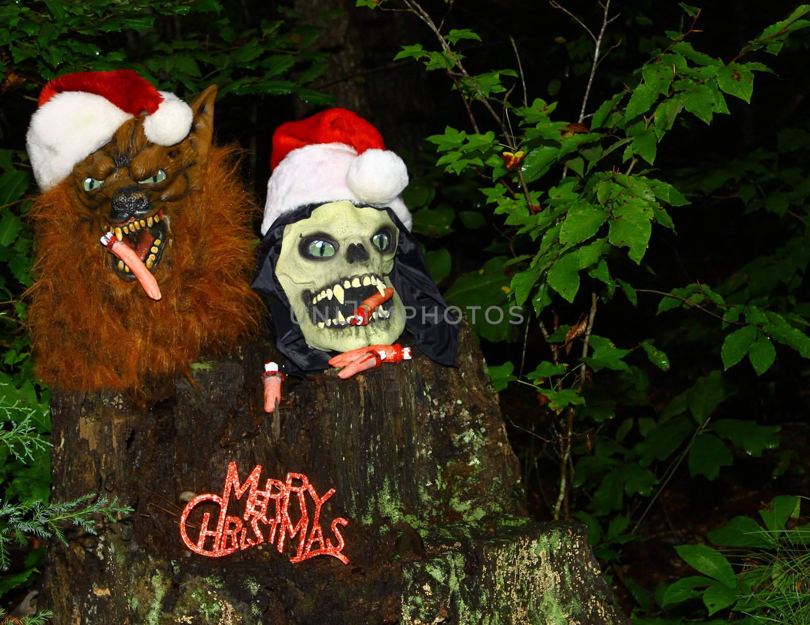 The Grim Reaper and the wolf man celebrating the Holidays together wishing everyone a Merry Christmas.