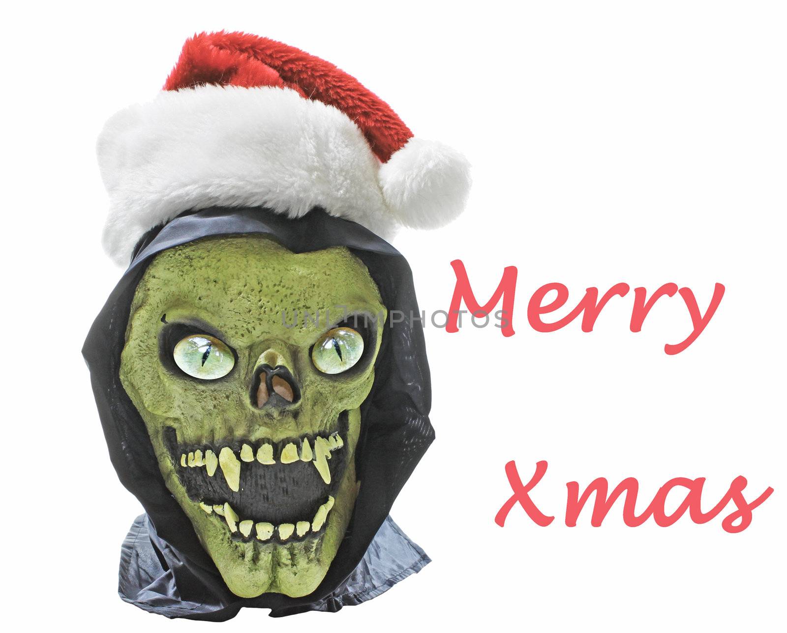 An Evil scary and mean old Grinch wishing everyone a merry Xmas isolated on white.