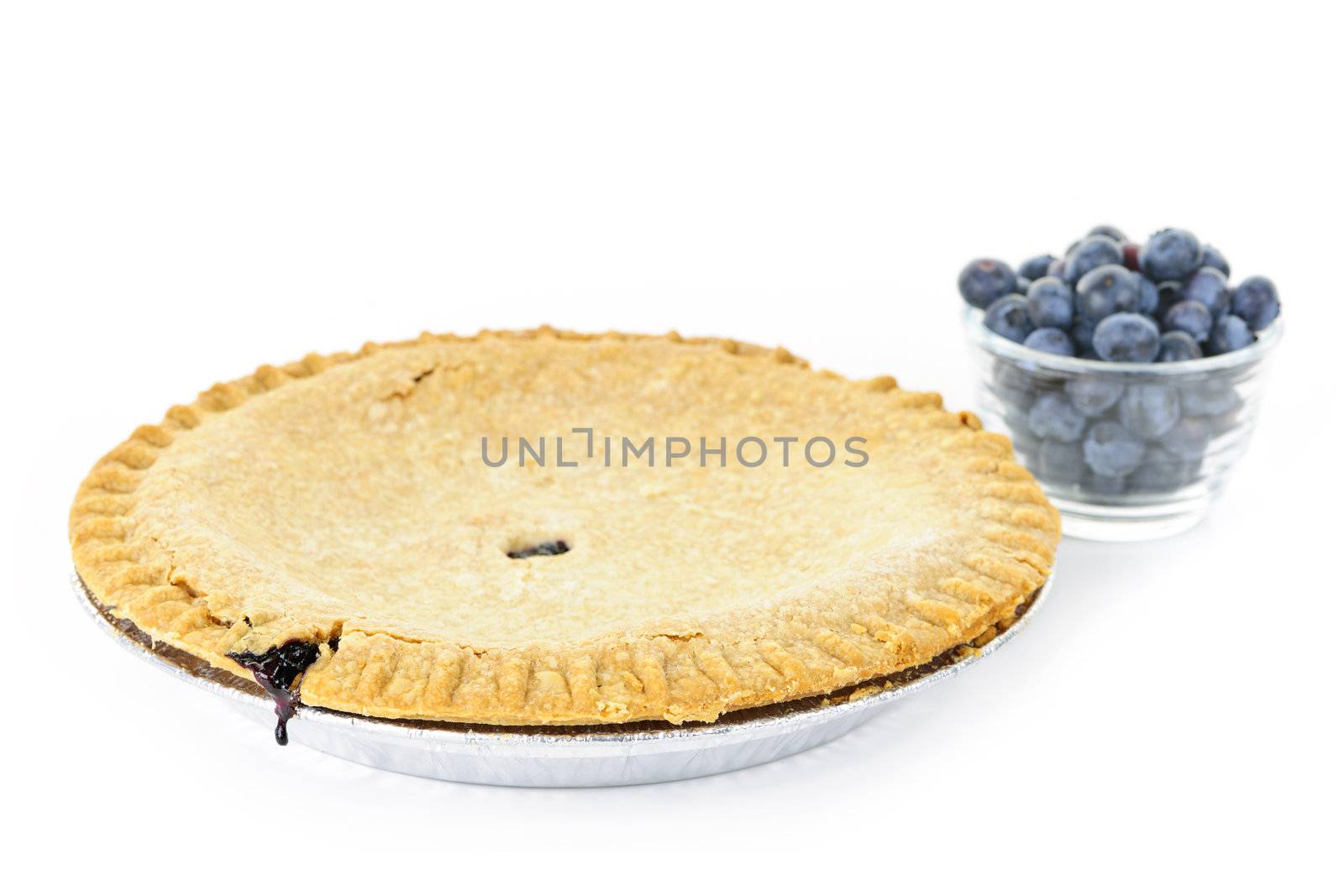 Whole blueberry pie with fresh wild blueberries isolated on white background