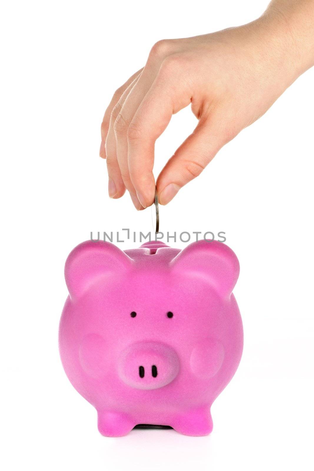 Hand putting coin in piggy bank by elenathewise