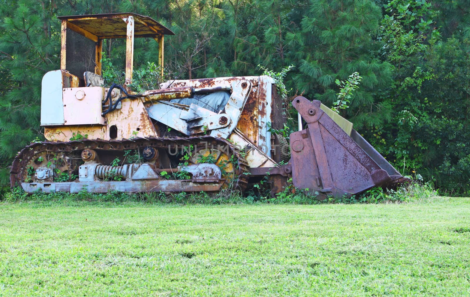 A high contrast picture of an antique vintage old and rusted weed and plant overgrown Bulldozer in a field outside.