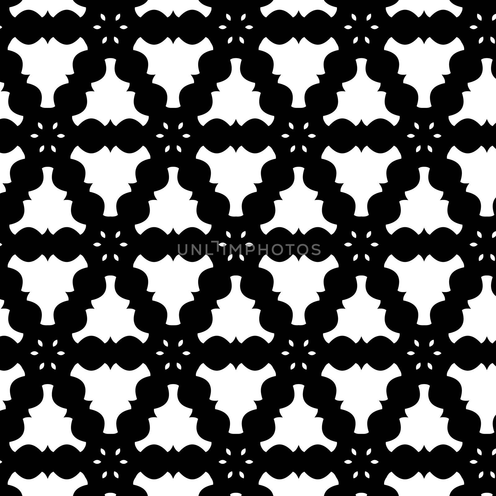  An abstract illustrated pattern done in black and white. It is reminiscent of 19th century wallpaper patterns and Victorian carved furniture with it's curvy style, but is a totally contemporary design.