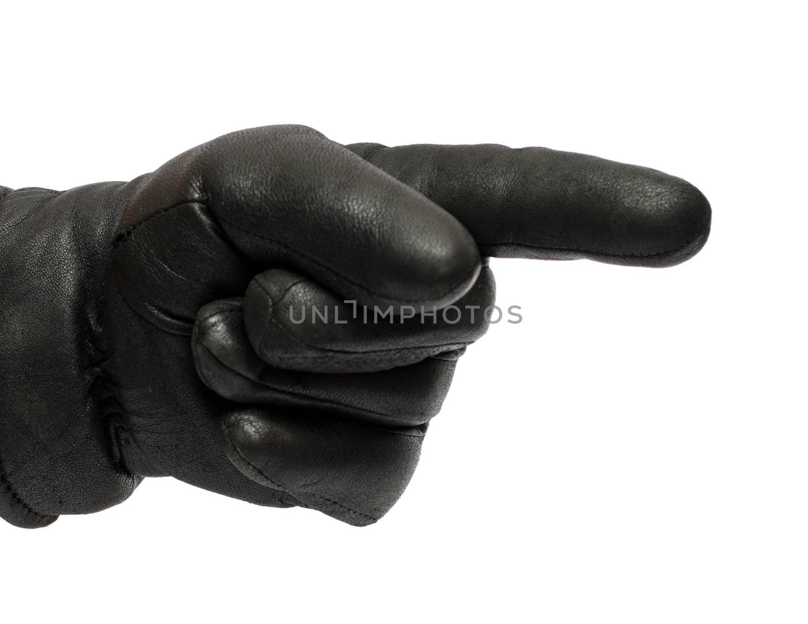 hand in black glove showing direction isolated on white