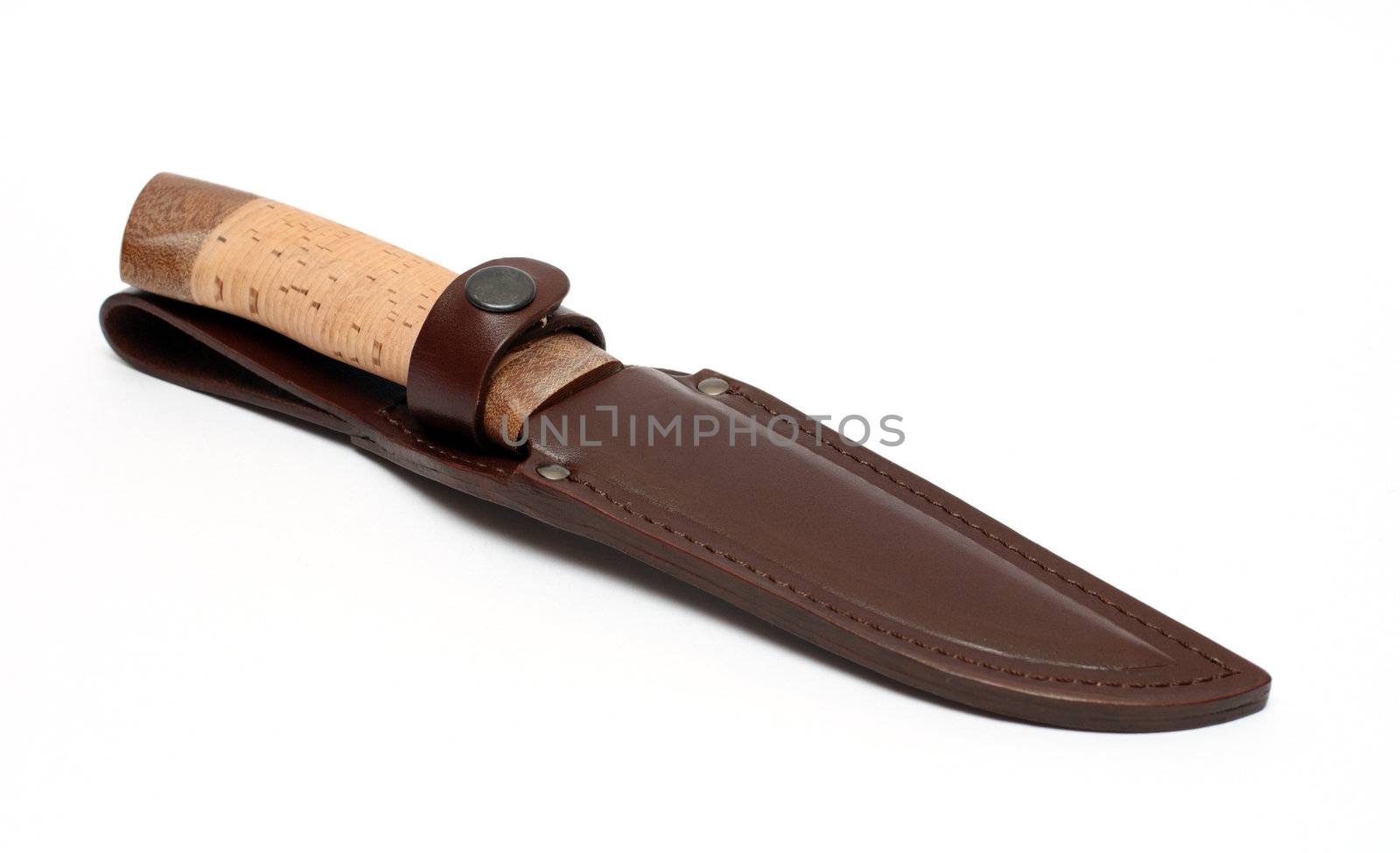 hunting knife in leather sheath isolated on white