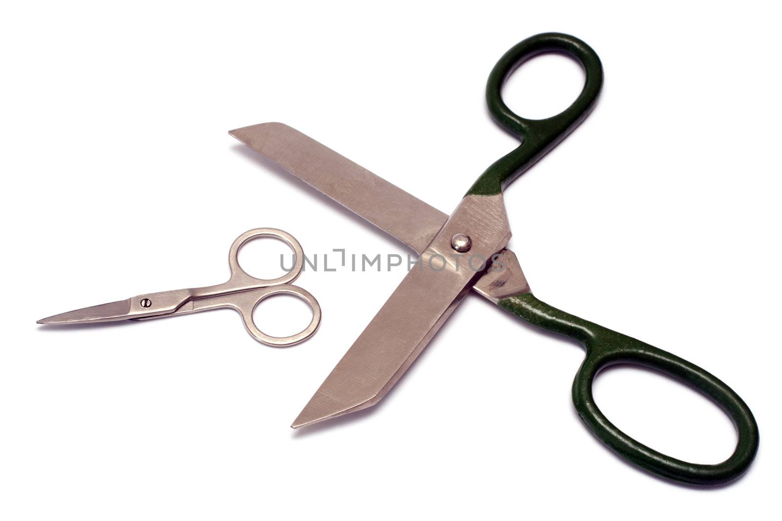 big and small shears close-up isolated on white