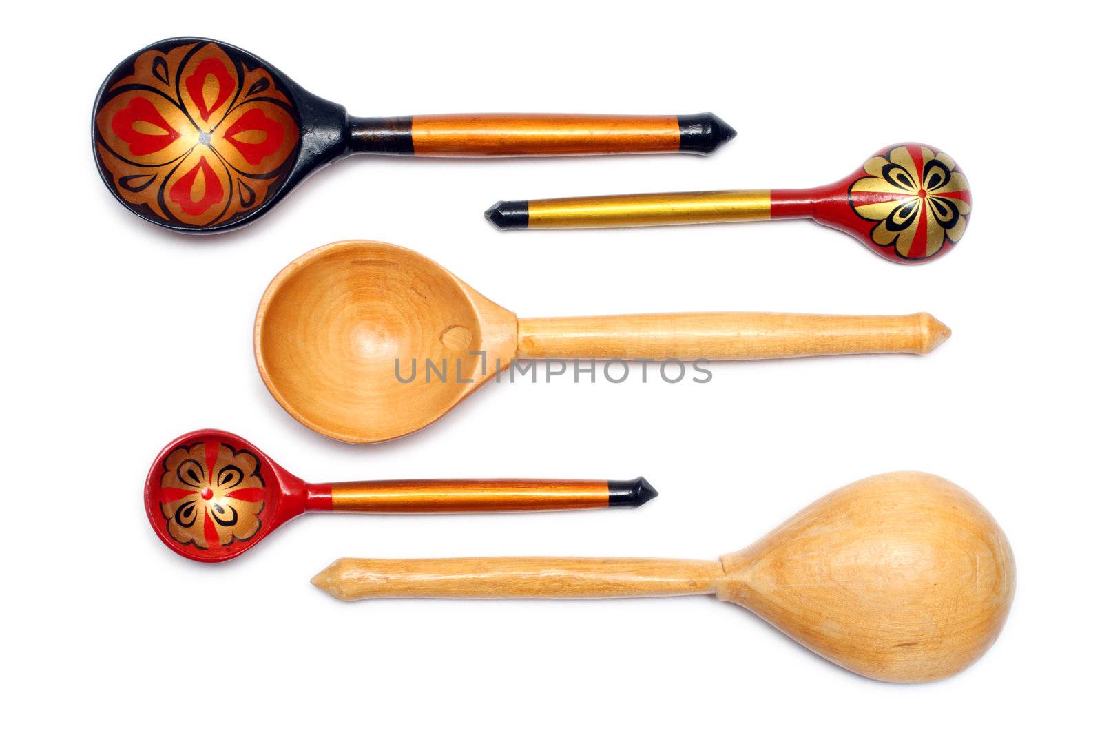 set of five russian wooden spoones isolated on white