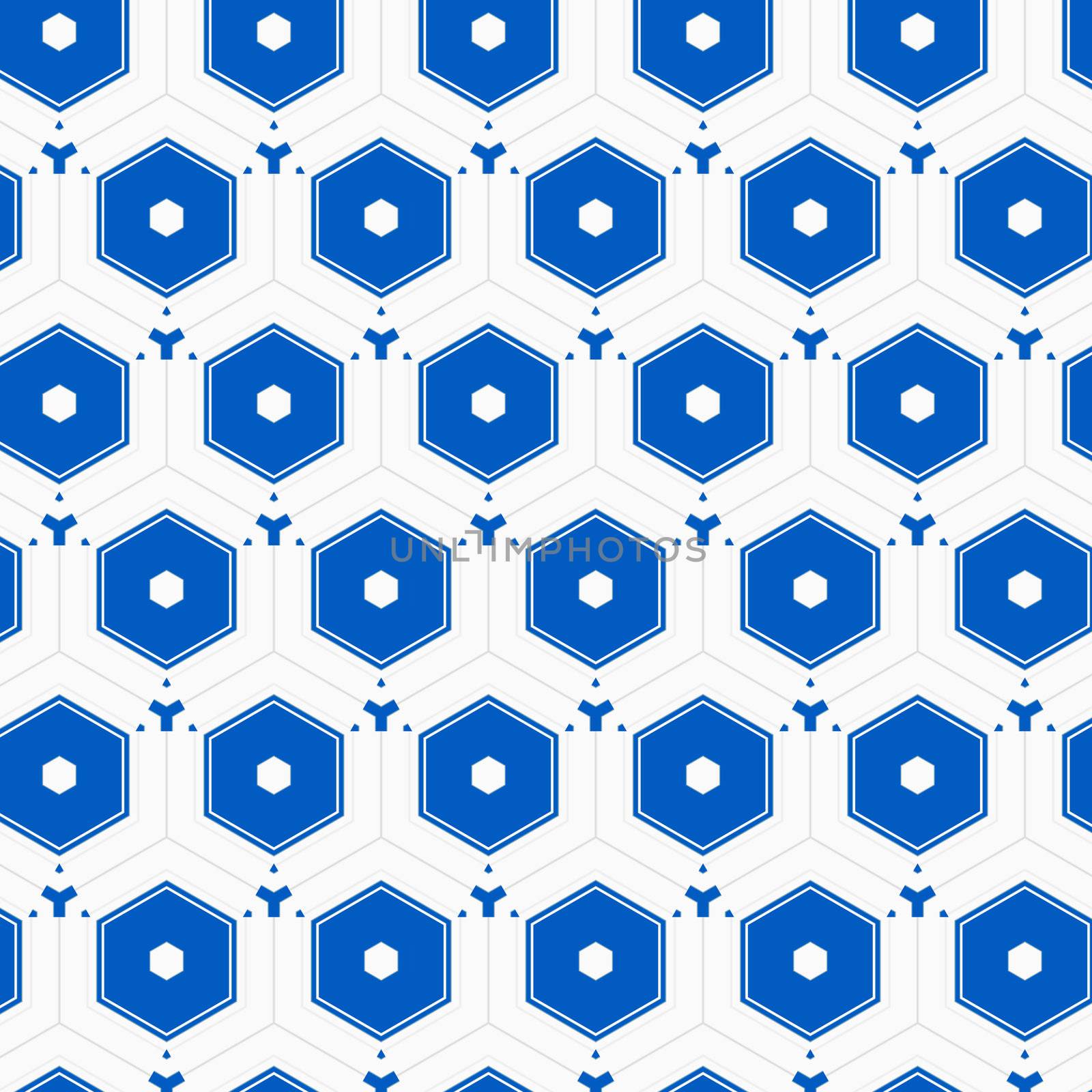 An abstract illustrated repeating hexagonal pattern done in blue and white. It's inspiration is Victorian bathroom tile, but the design is contemporary.
