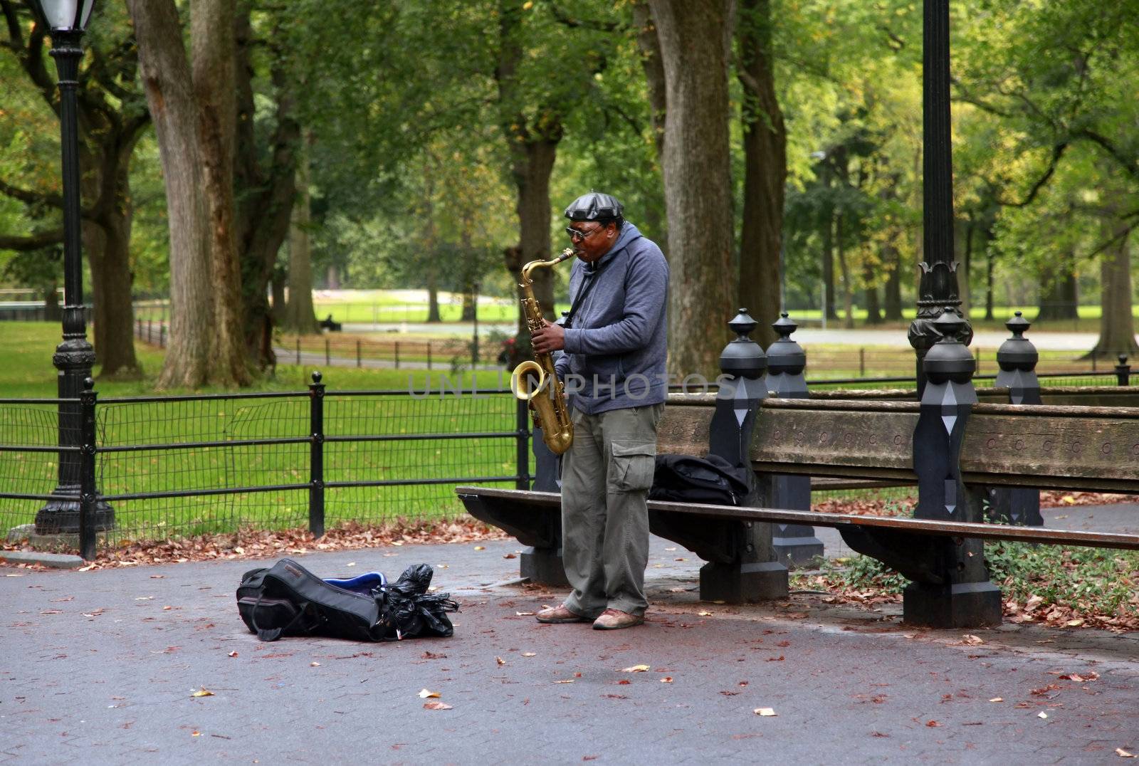 NEW YORK CITY - OCTOBER 9: A saxaphonist busking in Central Park's Bethesda Terrace, a popular tourist attraction October 9, 2012 in New York, NY.