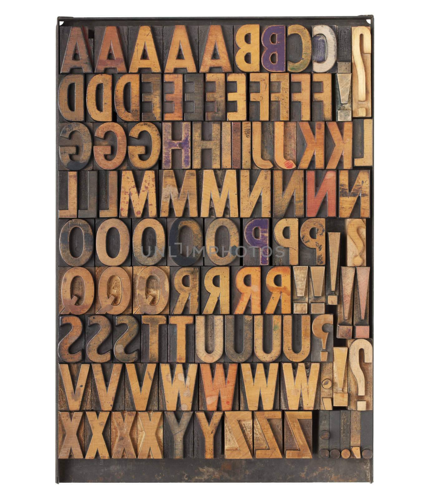 vintage wood letterpress printing blocks on a metal tray - the entire English alphabet with duplicate symbols and punctuation