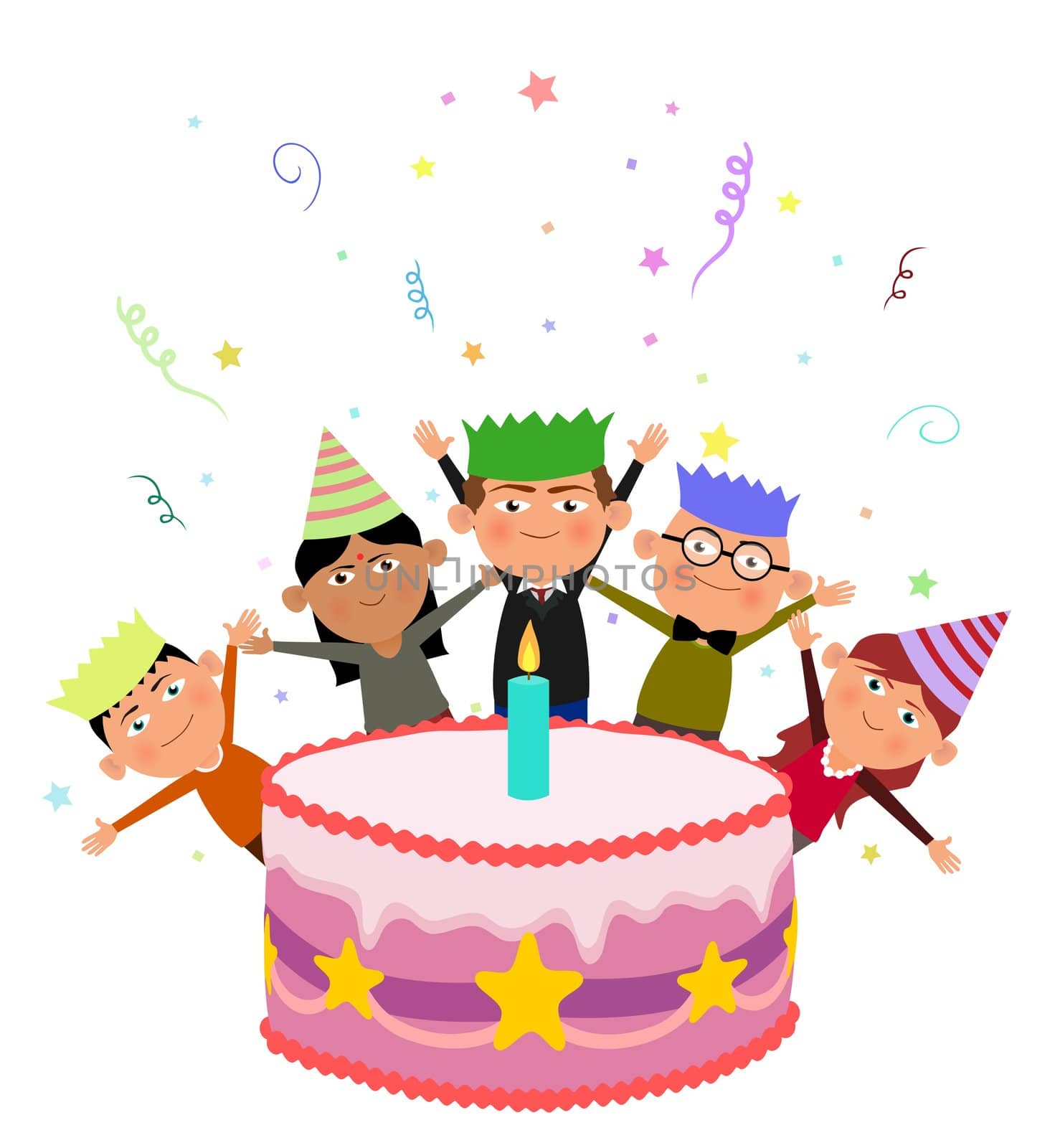 Illustration of children standing behind a large birthday cake