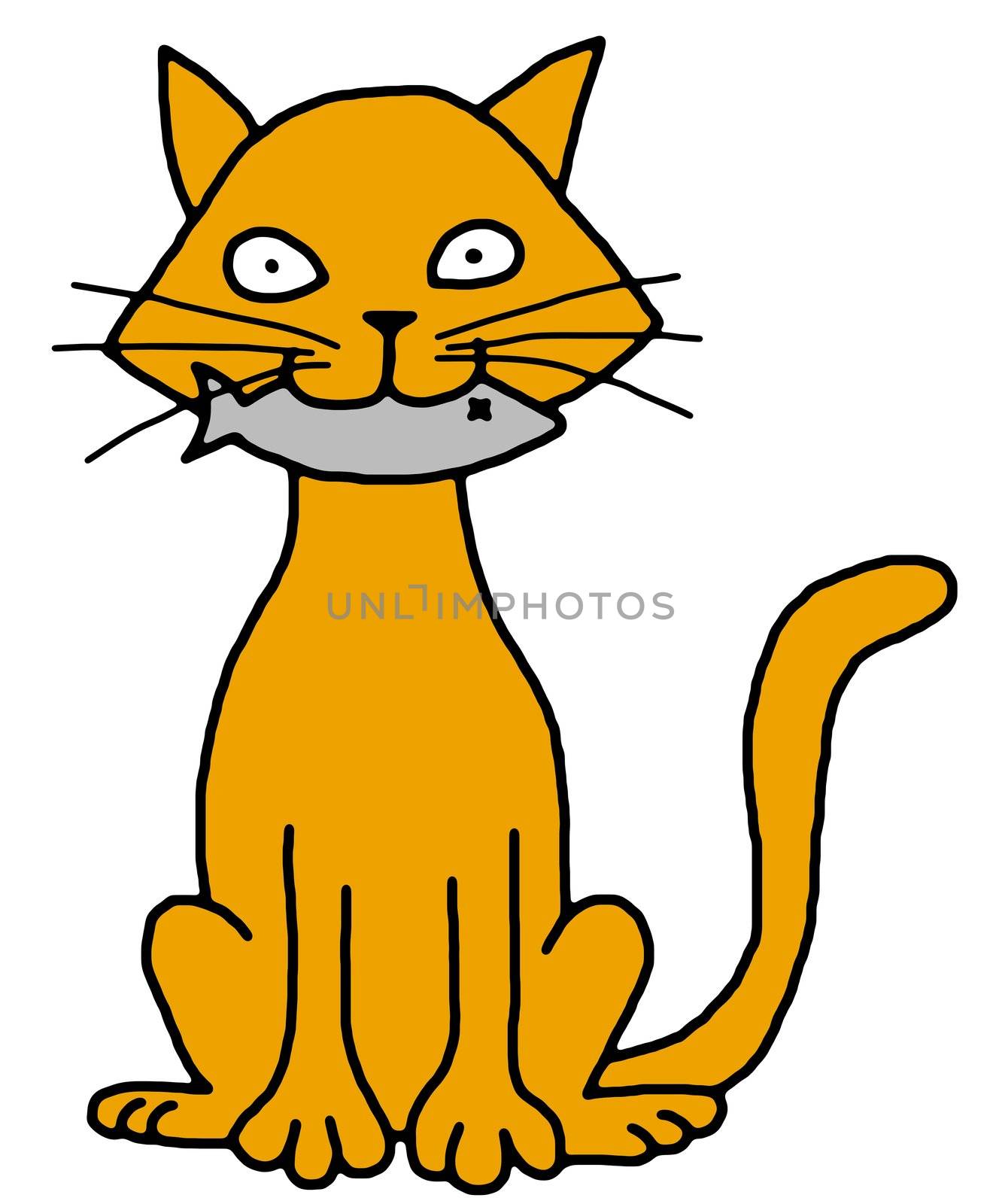 Illustration of an isolated cat holding a fish in its mouth