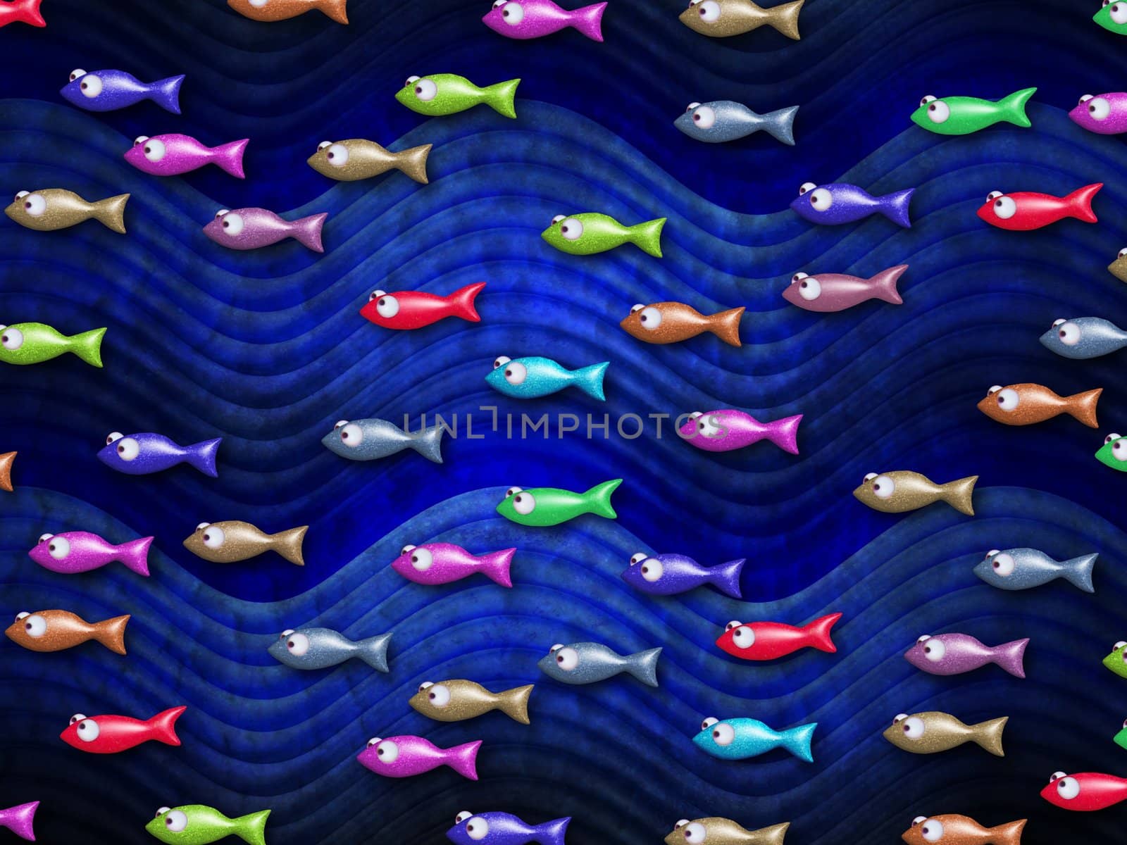 Illustration of lots of colourful fish over a wavy blue background