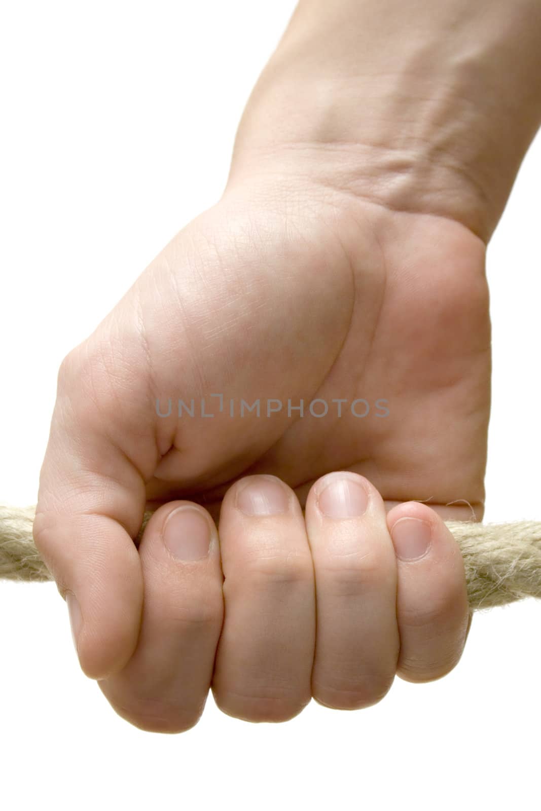 Female hand holding a rope. Isolated on a white background.