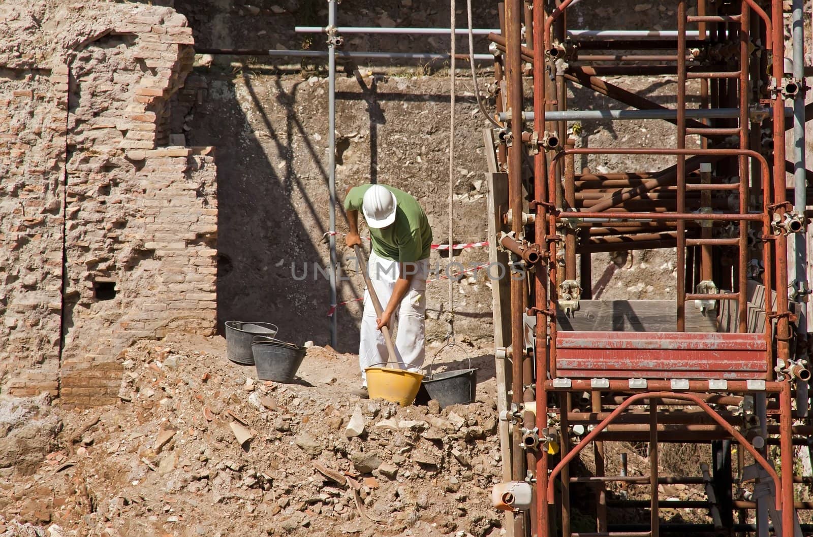 Scientific digging on a site of archaeological excavations (Rome Italy)