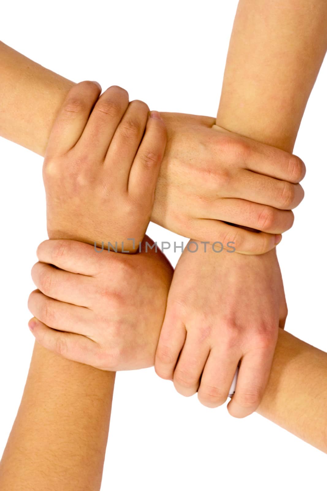 Linked hands on a white background. Teamwork and friendship concept.