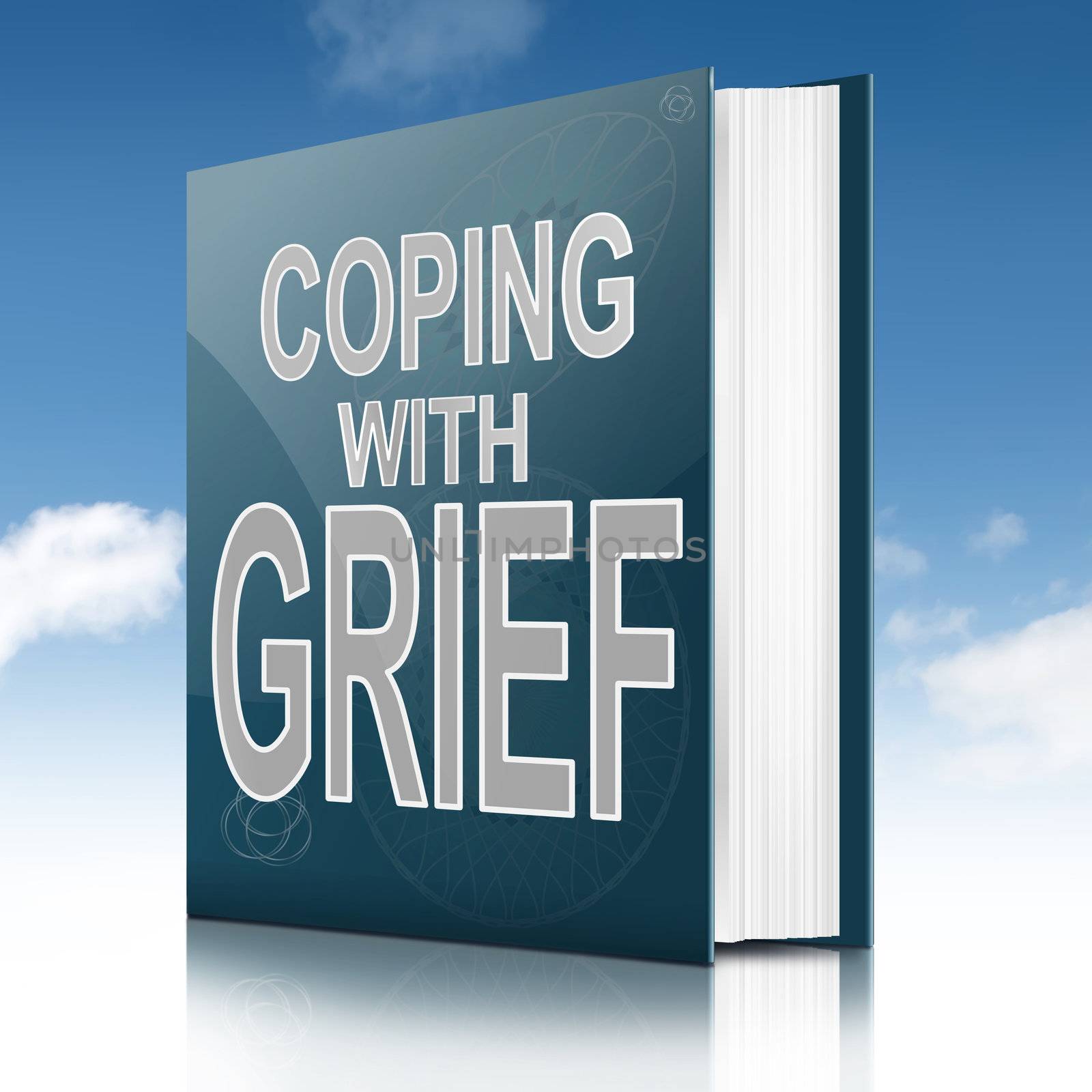Illustration depicting a book with a grief concept title. Sky background.