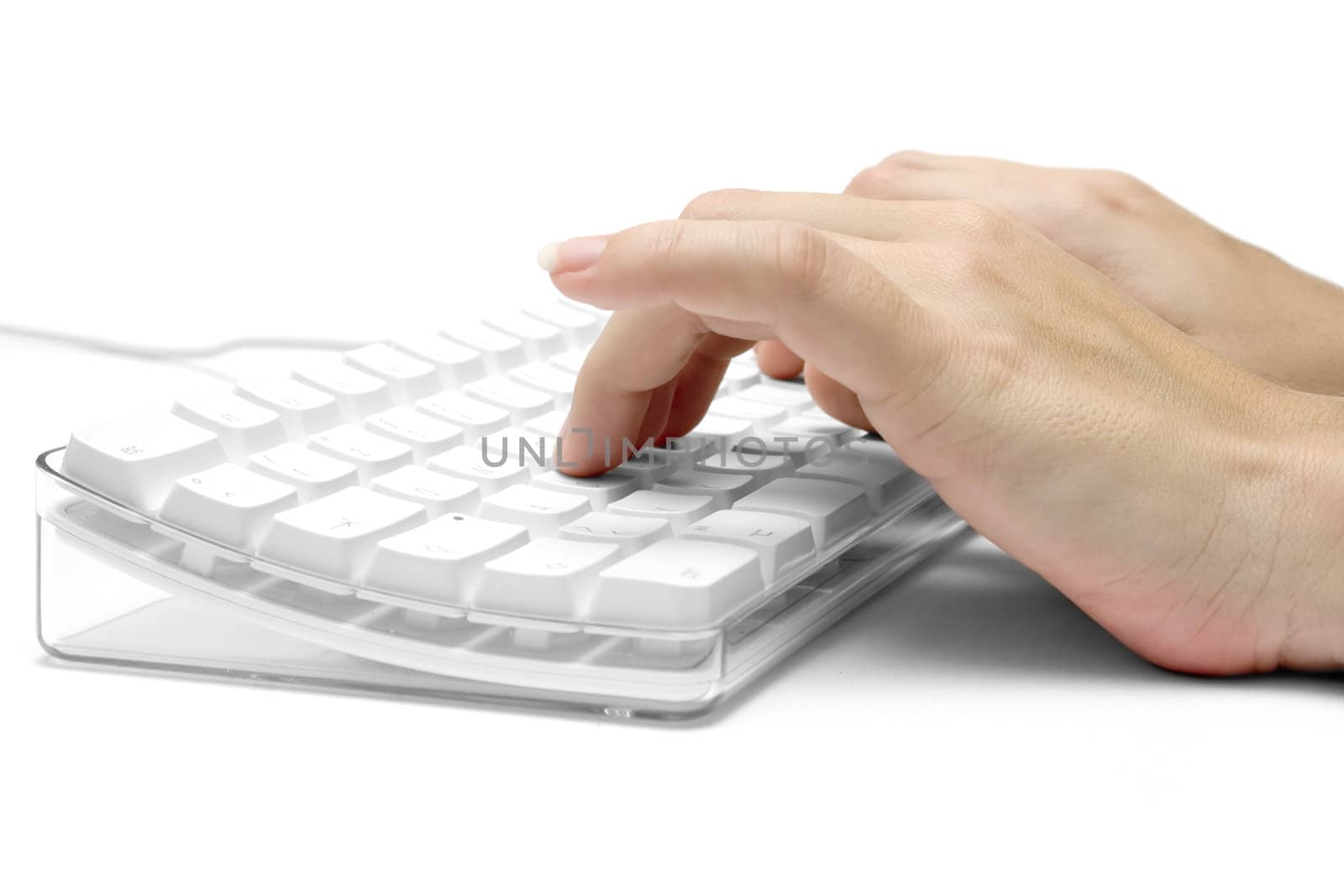 Female hands typing on a white computer keyboard. Isolated on a white background.