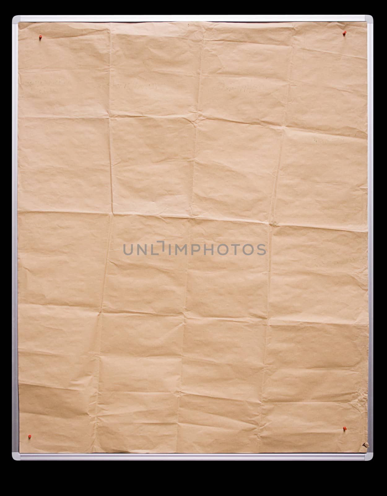 Blank brown packing paper pinned to a whiteboard. Black background. File contains clipping path.