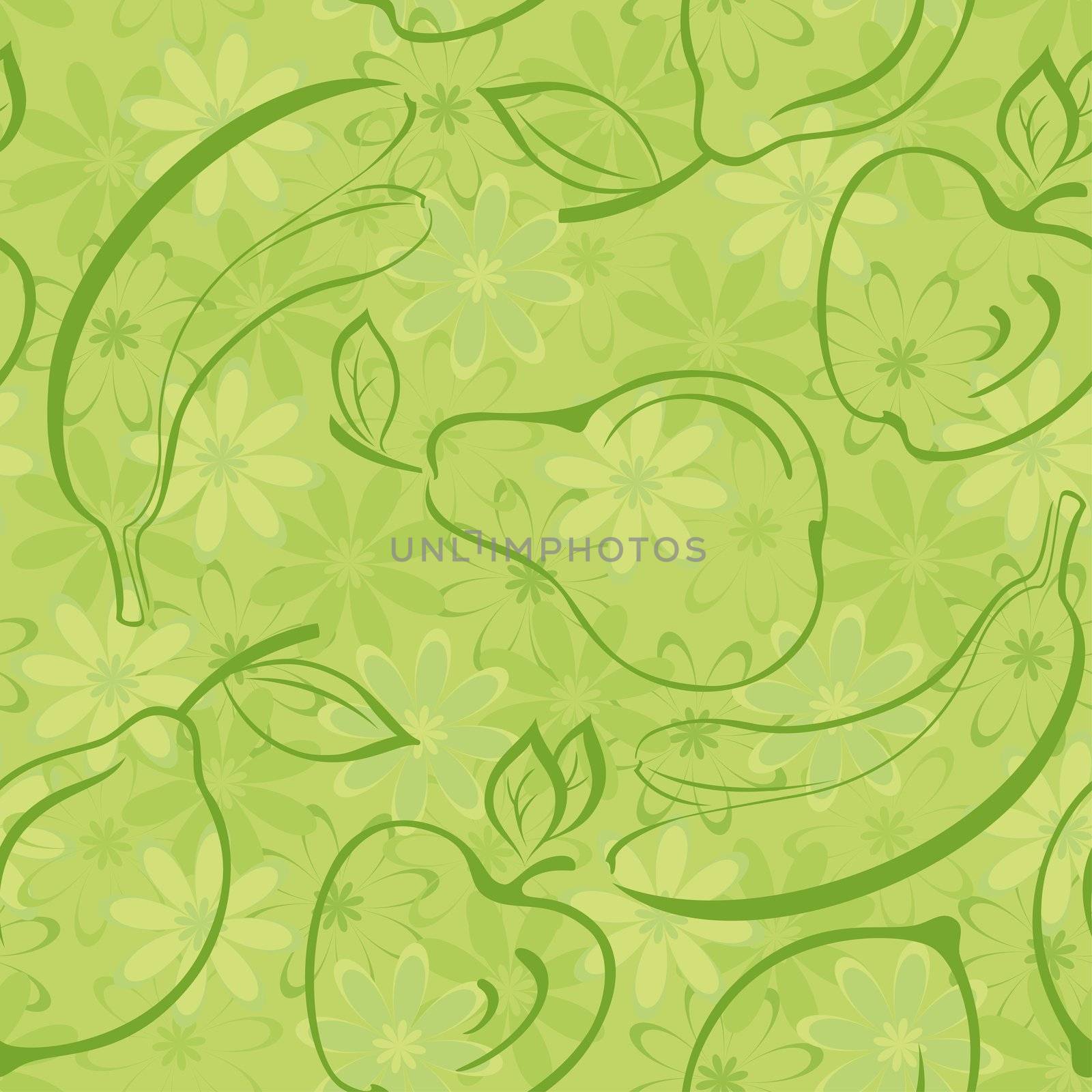 Seamless background, patterns from symbolical contour fruits and flowers.