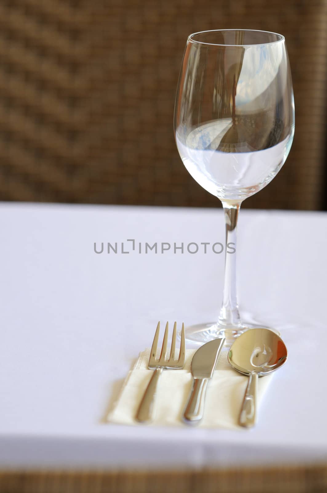 Fine restaurant dinner table place setting: napkin & wineglass