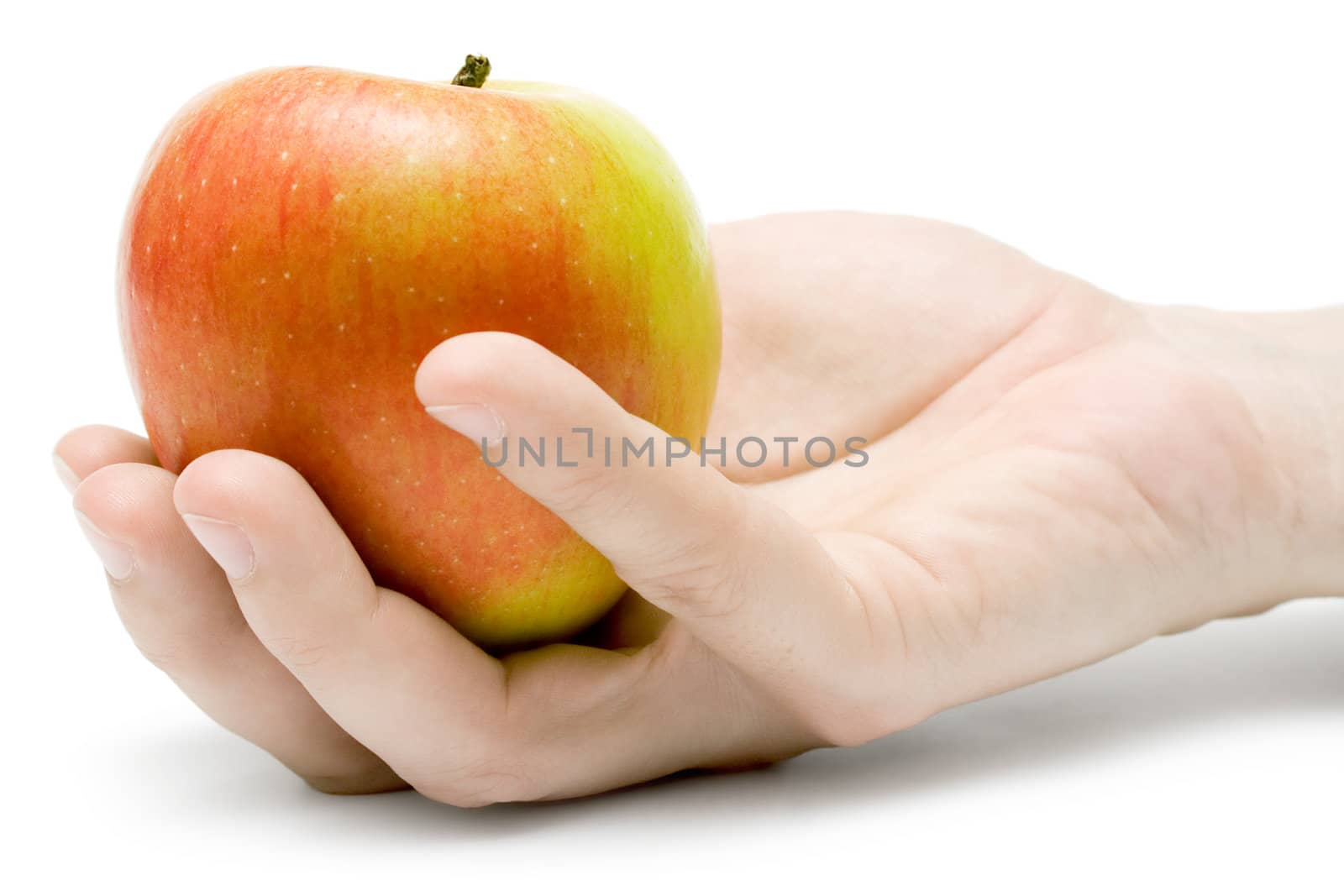 Female hand holding an apple. Isolated on a white background.