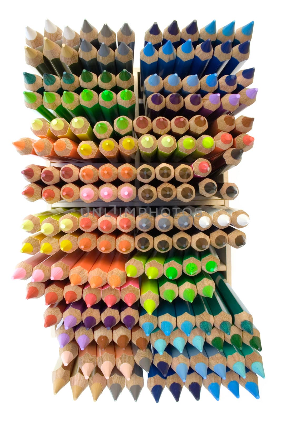 Top view on a box of colorful pencils isolated on a white background.