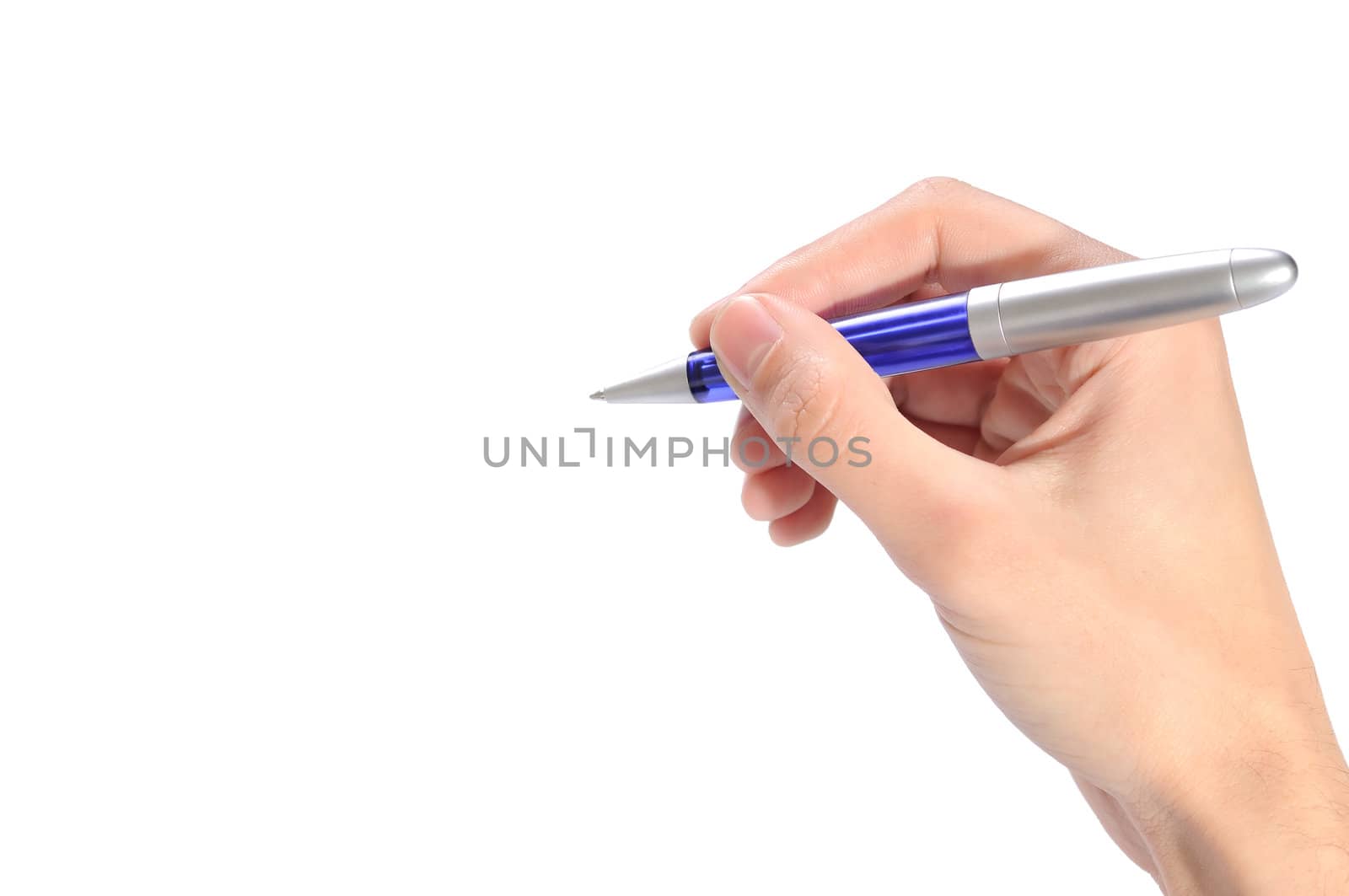 Male hand with rolling pen isolated on white background