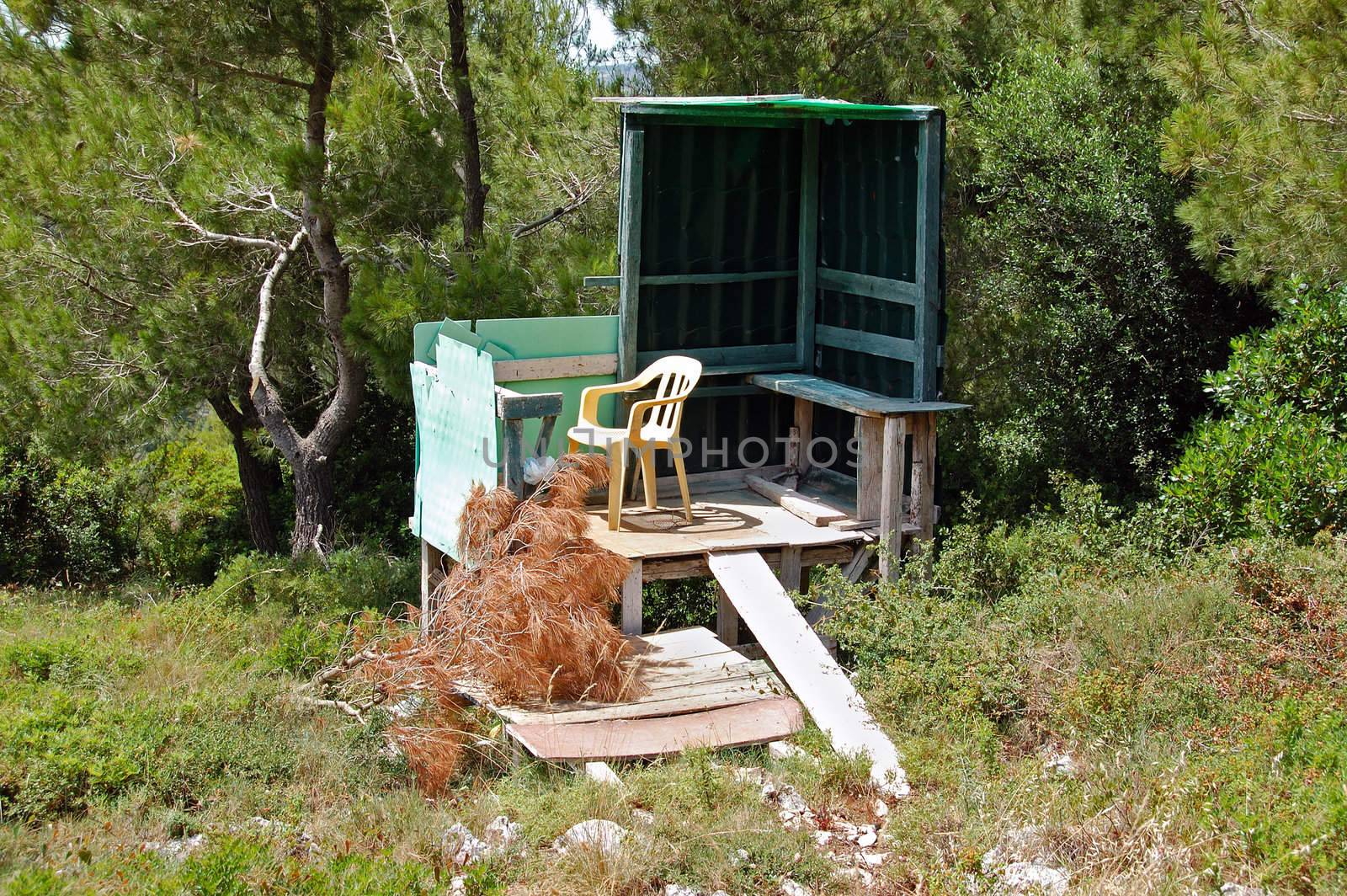 Elevated bird hunting blind in a forest.