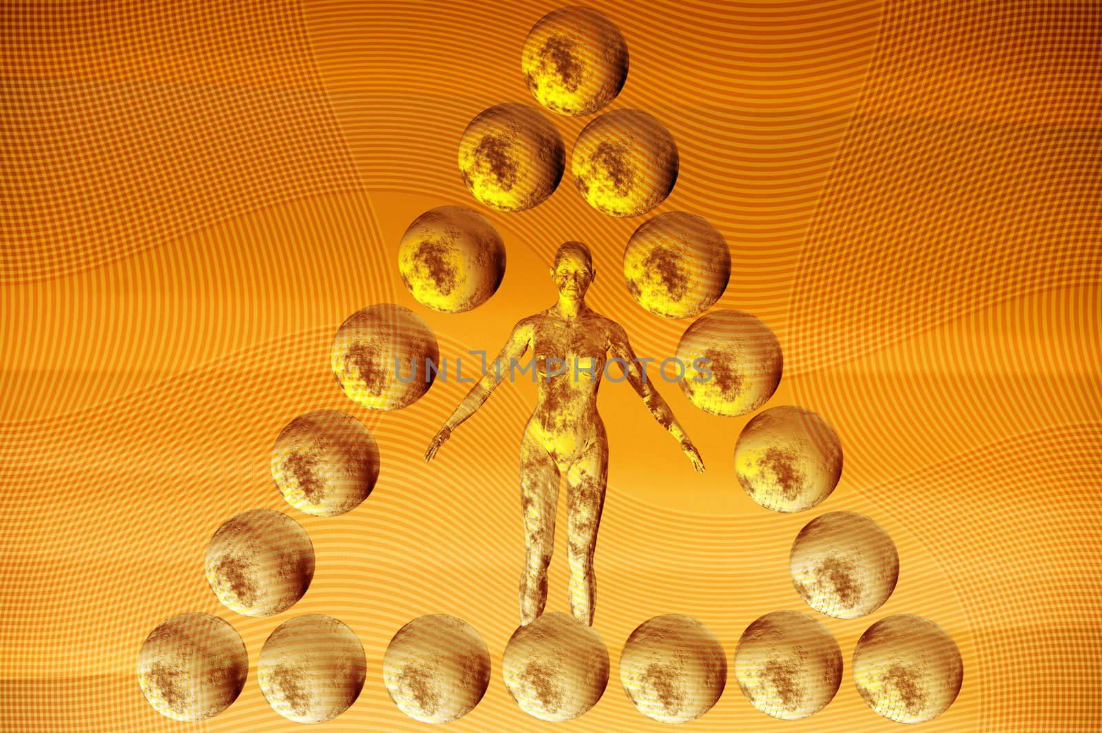 Female figure in a pyramid of spheres. 3d futuristic illustration.