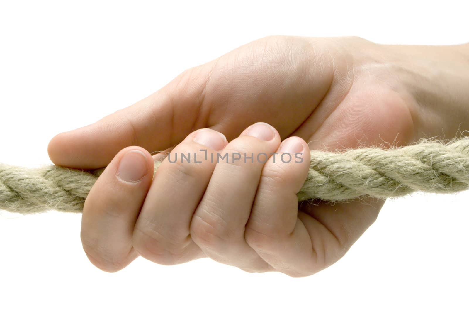 Female hand pulling a rope. Isolated on a white background.