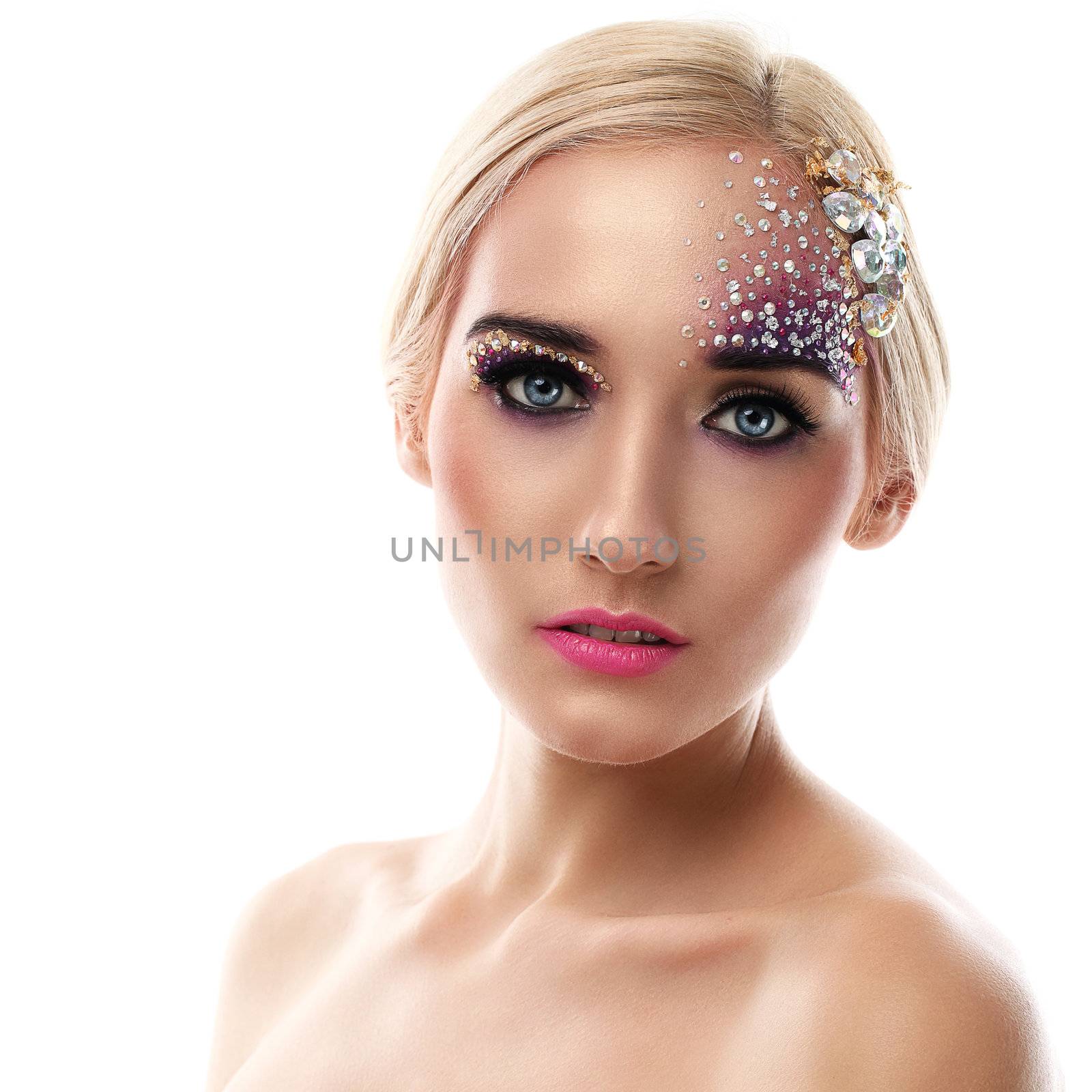 Beautiful woman with artistic makeup isolated over white background