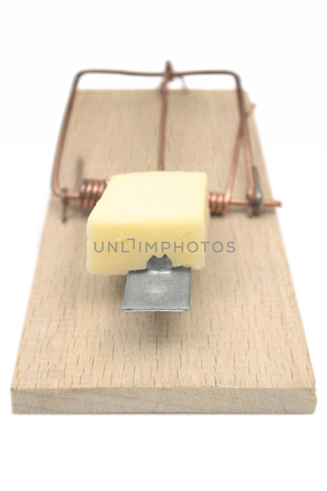 Wooden mousetrap with cheese isolated on white.
