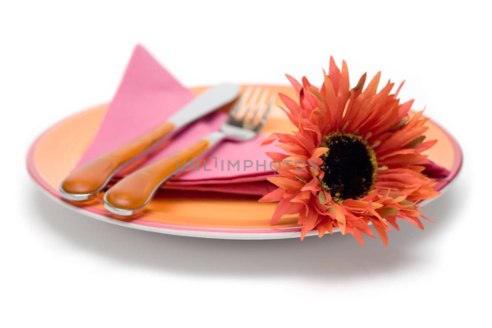 Place setting with a red flower on the plate. Isolated on a white background.