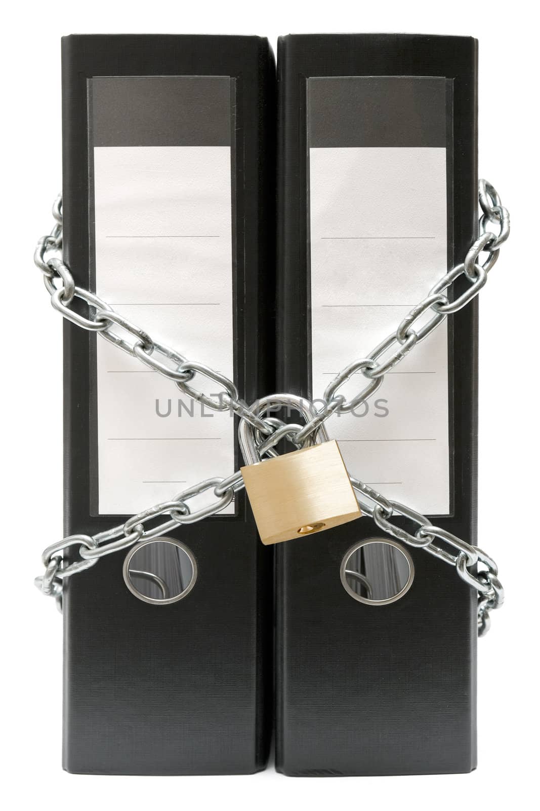 Two black file folders protected by a chain and a padlock. Isolated on a white background.