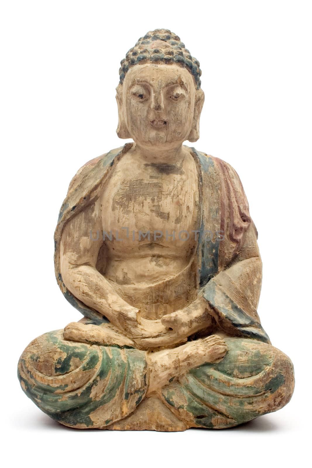 Corroded wooden statue manufactured at the end of the 18th century. Isolated on a white background