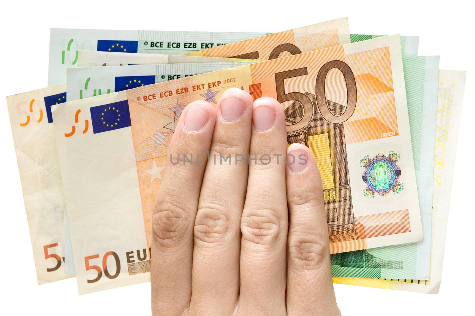 Female hand holding a bunch of Euro banknotes. Isolated on a white background.