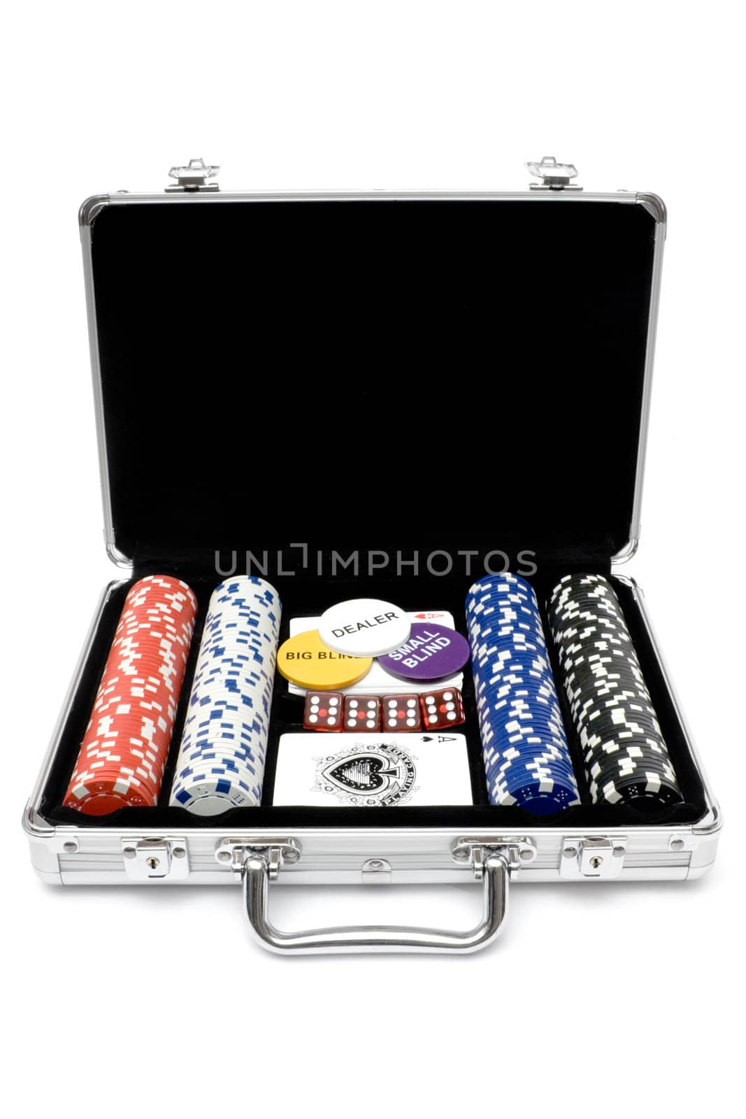 Poker cards, chips and dice in a metal case. Isolated on a white background.