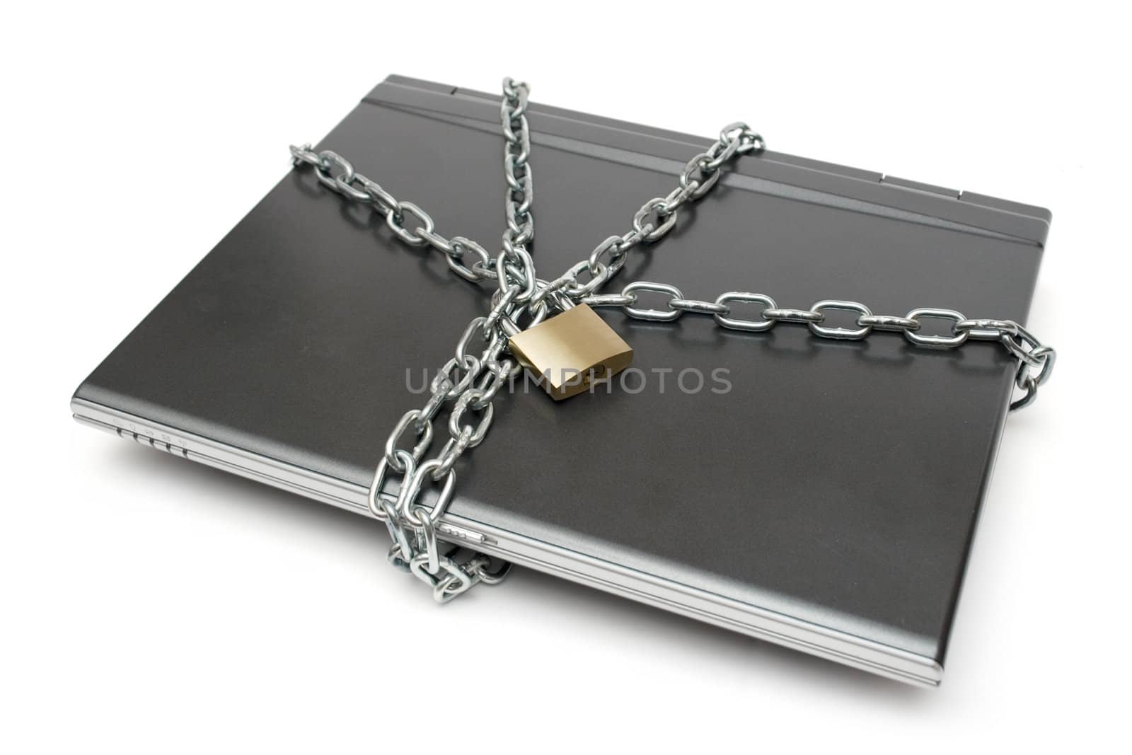 Padlock, chain and laptop isolated on a white background.