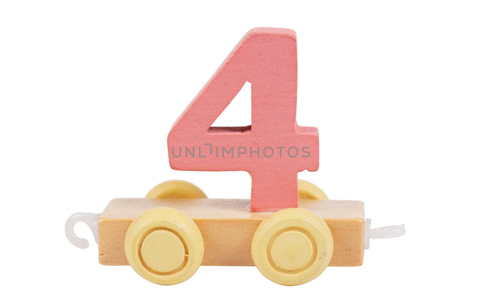 Wooden toy on a wheels number 4 isolated over white