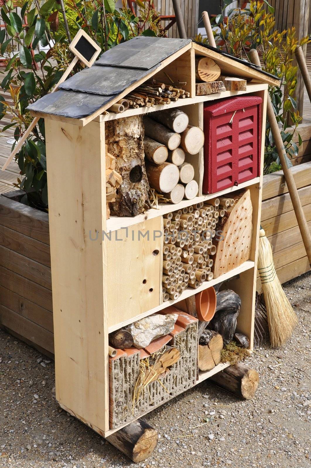 Wooden insect house, also called insect hotel or bug home